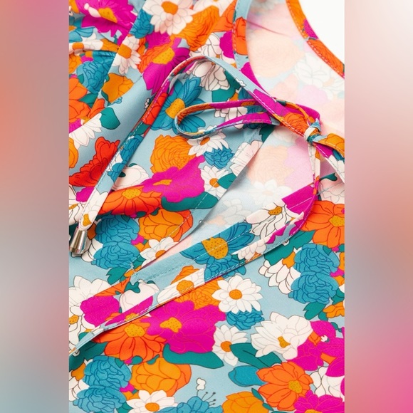 Floral Tie Neck Puff Sleeve Mini Dress - Picture 6 of 8